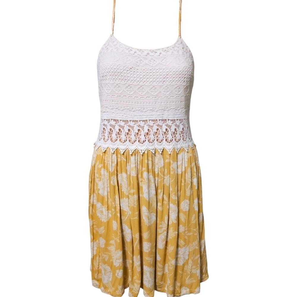 Wmns Crochet & Yellow Floral Sundress Sz LG Lace Cutout Feminine Coquette Boho - Picture 2 of 16